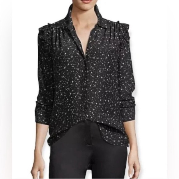 FRAME Diamond Sky Star Silk Print Blouse Top Shirt White Button Down Ruffle XS - Picture 6 of 14